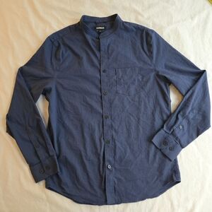 Express Navy Collarless Checker Print Casual Button-Down Shirt